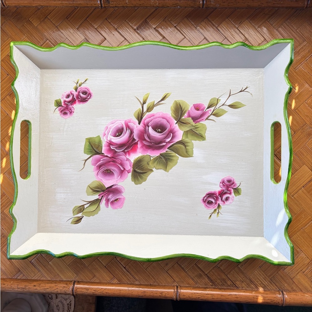 Cottagecore painted wood tray green/roses shabby chic
